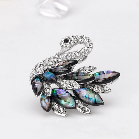 Elegante Spilla a Forma di Cigno in Lega con Conchiglia di Abalone Naturale e Strass Intarsiati Corsage di Moda per Donna Regalo Gioielli
