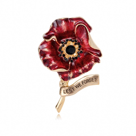 Zinc Alloy Red Poppy Flower Brooch Rhinestone Enamel Memorial Lest We Forget Ribbon Pin Jewelry For Women Men Unisex Accessory