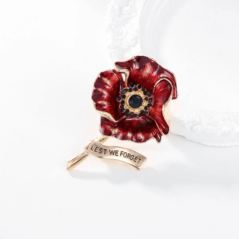 Red Poppy Flower Brooch Rhinestone Enamel Pin Lest We Forget Remembrance Day Gold Plated Alloy Lapel Pin For Men Women Jewelry