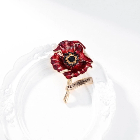 Red Poppy Flower Brooch Rhinestone Enamel Pin Lest We Forget Remembrance Day Gold Plated Alloy Lapel Pin For Men Women Jewelry