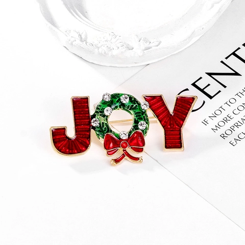 Weihnachts-JOY-Buchstabenbrosche Legierung Emaille Kranz Rote Schleife Strass Anstecknadel Festlicher Schmuck Geschenk