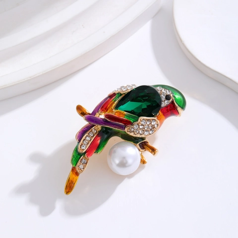 Elegante Legierung Emaille Papagei Brosche Für Damen Strass Vogel Corsage Mit Künstliche Perlenimitat Anzug Zubehör