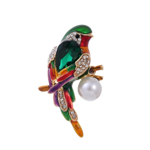 Spilla Pappagallo in Lega di Zinco Multicolore Smalto Uccello Pin Con Strass E Perla Artificiale Animal Corsage Gioielli Donna