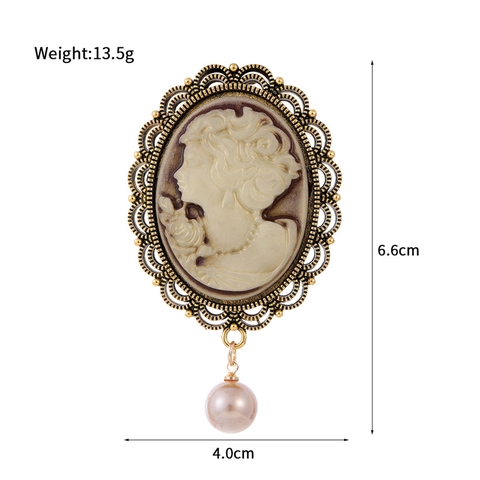 Franse Retro Paleisstijl Cameo Reliëf Portret Broche Antiekgoud Zinklegering Speld Met Kunstparel Hanger Voor Vrouwen