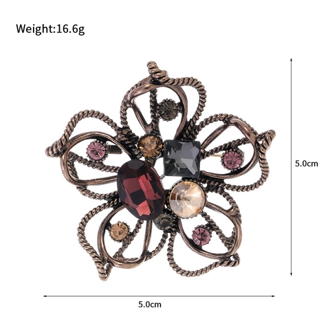 Vintage Zinc Alloy Floral Brooch For Women Elegant Multicolor Rhinestone Inlaid Antique Gold Plated Flower Corsage Jewelry Accessory