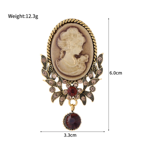 Vintage Palast Relief Dame Porträt Brosche Antik Gold Zinklegierung Rot Strass Kamee Brosche Für Damen Mode Schmuck Geschenk