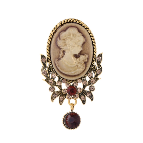 Vintage Palast Relief Dame Porträt Brosche Antik Gold Zinklegierung Rot Strass Kamee Brosche Für Damen Mode Schmuck Geschenk