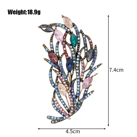 Vintage Zinc Alloy Feather Brooch With Colorful Rhinestones Antique Gold Plated Leaf Branch Pins For Women Men Banquet Jewelry Gift