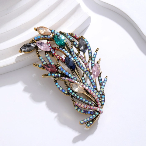Vintage Court Style Alloy Brooch With Colorful Rhinestone Leaf Feather Design For Wedding Banquet Women Jewelry Gift