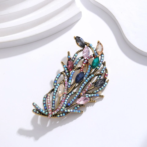 Vintage Court Style Alloy Brooch With Colorful Rhinestone Leaf Feather Design For Wedding Banquet Women Jewelry Gift