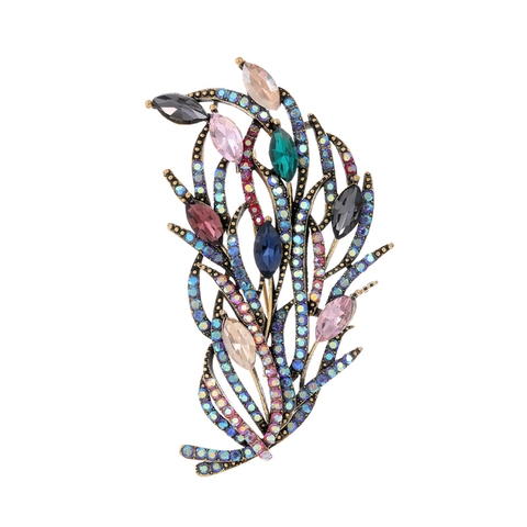 Vintage Zinc Alloy Feather Brooch With Colorful Rhinestones Antique Gold Plated Leaf Branch Pins For Women Men Banquet Jewelry Gift