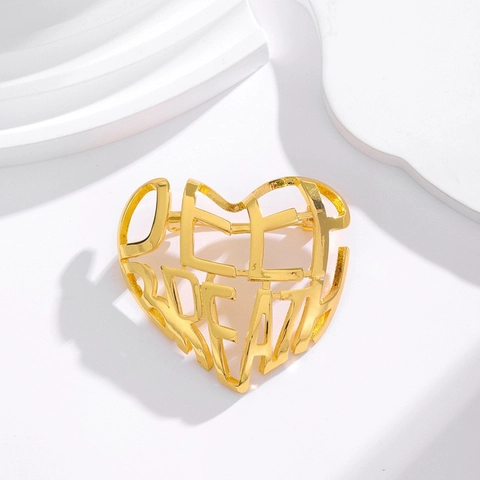 Lujoso Broche Corazón Calado Cobre Chapado Oro Diseño Letras Deep Breath Moda Artística Broches Joyería Mujer Regalo