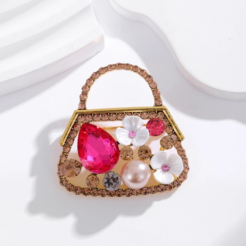 Vintage Legering Handtas Vorm Broche Voor Dames Verguld Strass Imitatie Kunstparel Bloem Reversspeld Luxe Mode Kleding Sieraden Accessoire