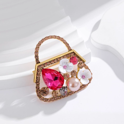 Vintage Legering Handtas Vorm Broche Voor Dames Verguld Strass Imitatie Kunstparel Bloem Reversspeld Luxe Mode Kleding Sieraden Accessoire