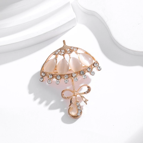 Elegant Umbrella Shape Brooch Gold Plated Alloy Pink Cat's Eye Stone Rhinestone Inlaid Bowknot Brooch For Women Jewelry
