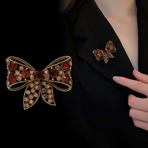 Vintage Französischer Bogen Brosche Für Damen Antik Gold Überzogen Legierung Strass Rot Kristall Korsage Für Anzug Mantel