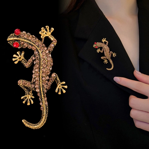 Vintage Gold Alloy Gecko Brooch With Brown And Red Rhinestones Individual Animal Lizard Pins For Women Men Clothing Decor