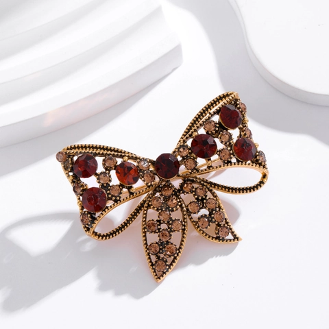 Vintage Französischer Bogen Brosche Für Damen Antik Gold Überzogen Legierung Strass Rot Kristall Korsage Für Anzug Mantel