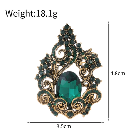 Vintage Smaragdgrün Strass Blumen Brosche Für Damen Antikgold Zinklegierung Glas Floral Blatt Pin Bankett Schmuck Zubehör