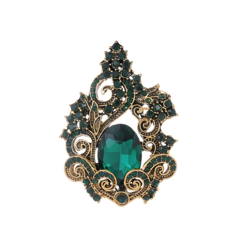 Vintage Smaragdgrün Strass Blumen Brosche Für Damen Antikgold Zinklegierung Glas Floral Blatt Pin Bankett Schmuck Zubehör
