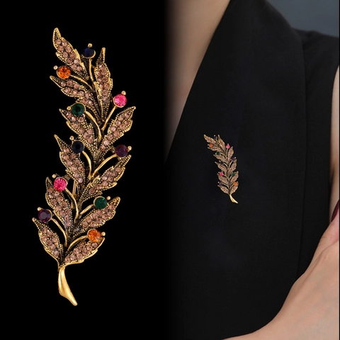 Vintage Legierung Bunte Strass Blatt Brosche Für Anzug Jacke Kleid Zubehör Elegante Pflanze Pin Damen Herren Schmuck