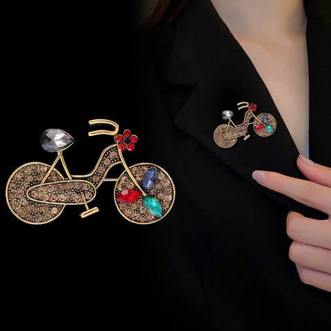 Spilla Bici in Lega Oro Vintage Per Donna Strass Multicolore Cristallo Artificiale Intarsiato Forma Bicicletta Gioielli