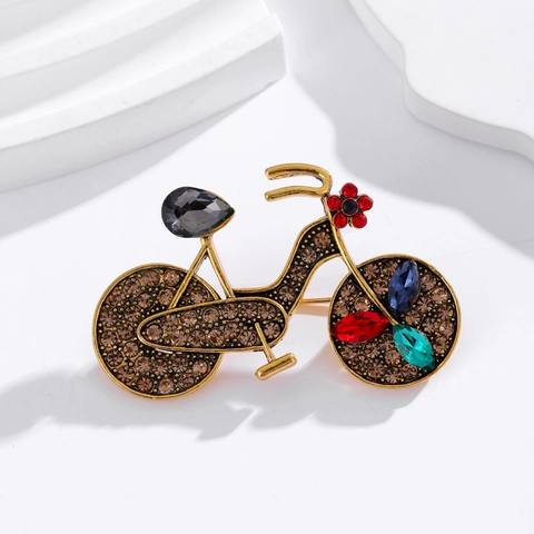 Spilla Bici in Lega Oro Vintage Per Donna Strass Multicolore Cristallo Artificiale Intarsiato Forma Bicicletta Gioielli