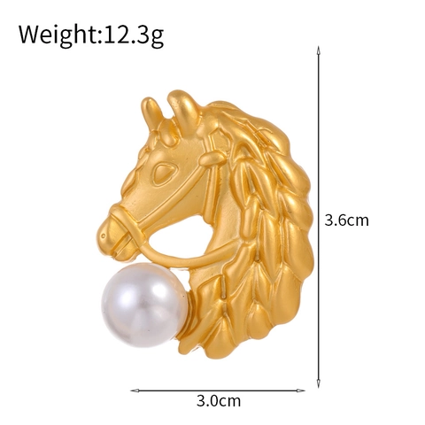 Broche de Cabeza de Caballo de Aleación de Zinc Oro Mate Vintage Con Gran Perla Artificial Alfiler de Solapa de Animal para Traje