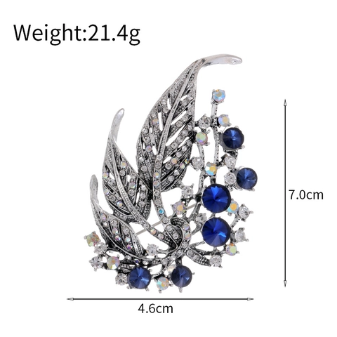 Elegant Hollow Retro Leaf Brooch For Women Vintage Zinc Alloy Pin Inlaid With Blue Crystal And Rhinestones Jewelry Gift