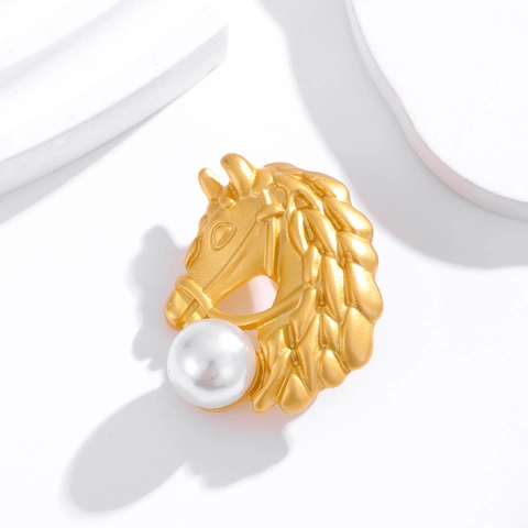 Broche Tête de Cheval Or Mat Vintage pour Hommes Femmes Style Antique Épingle d'Animal en Alliage avec Künstliche Perle Ronde Blanche