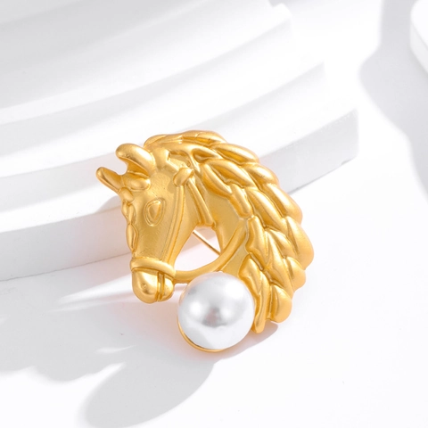 Broche Tête de Cheval Or Mat Vintage pour Hommes Femmes Style Antique Épingle d'Animal en Alliage avec Künstliche Perle Ronde Blanche