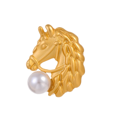 Broche de Cabeza de Caballo de Aleación de Zinc Oro Mate Vintage Con Gran Perla Artificial Alfiler de Solapa de Animal para Traje