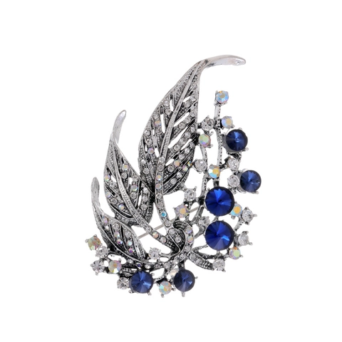 Elegant Hollow Retro Leaf Brooch For Women Vintage Zinc Alloy Pin Inlaid With Blue Crystal And Rhinestones Jewelry Gift