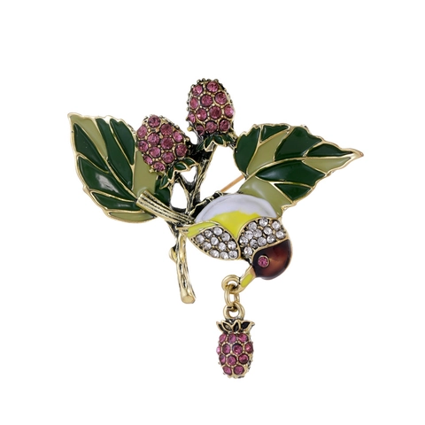 Spilla Vintage in Lega di Zinco a Forma di Uccello e Fragola da Donna Elegante Spilla in Smalto con Strass Accessorio per Abito