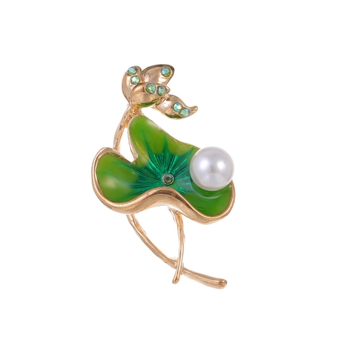Elegante Spilla a Foglia di Loto in Lega Con Perla Artificiale Strass Smalto Vintage Stile Cinese Spilla Floreale Gioielli Donna