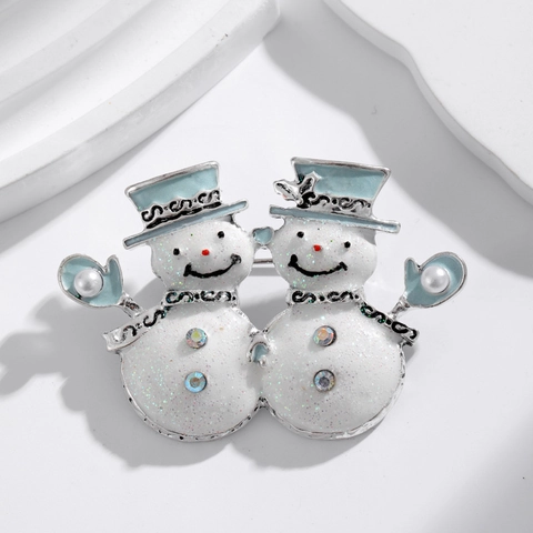 Broche de Navidad de Doble Muñeco de Nieve Esmalte Brillo Aleación de Zinc Strass Perla Artificial Sintética Joyería de Invierno Regalo Mujer