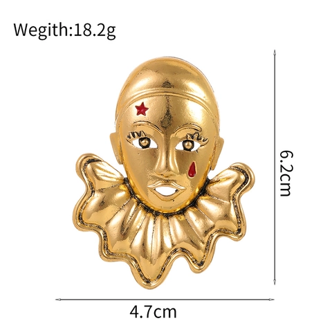 Vintage Gold Zinc Alloy Clown Face Mask Brooch With Red Star Tear Theatrical Suit Pin For Women Men Fashion Accessory