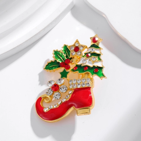Fashion Christmas Boot Brooch Pin Alloy Rhinestone Enamel Christmas Tree Star Holly Leaf Festive Brooch For Women Party Gift