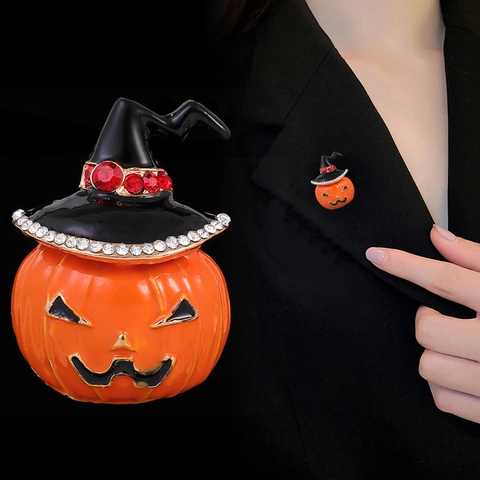 Spilla di Halloween a Forma di Zucca e Cappello da Strega in Lega con Strass Smaltata Gioielli per Donna Festa