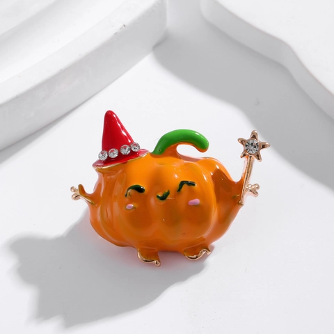 Halloween Pompoen Broche Legering Emaille Tovenaar Pompoenman Met Heksenhoed Strass Corsage Speld Feestelijke Sieraden Cadeau Voor Dames