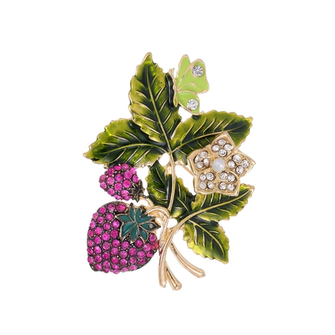 Vintage High End Erdbeere Brosche Zinklegierung Strass Frucht Emaille Schmetterling Anstecknadel Für Damen Anzug Schmuck