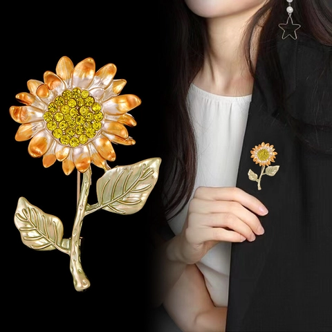 Spilla a Forma di Girasole in Smalto Vintage per Donna Lega di Zinco Strass Fiore Corsage Pin Gioielli per Banchetti Matrimoniali Regalo