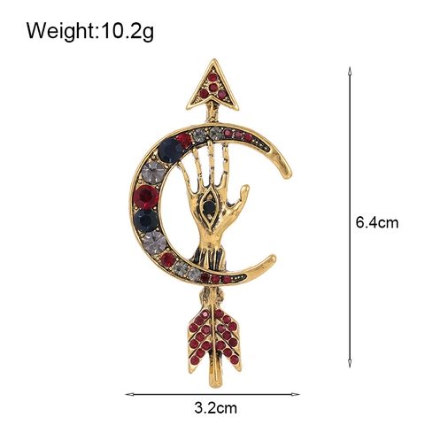 Spilla Vintage in Lega di Zinco Con Luna Freccia Mano di Fatima per Donna Oro Argento Antico Strass Malocchio Gioielli Bohémien Regalo