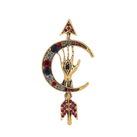 Spilla Vintage in Lega di Zinco Con Luna Freccia Mano di Fatima per Donna Oro Argento Antico Strass Malocchio Gioielli Bohémien Regalo