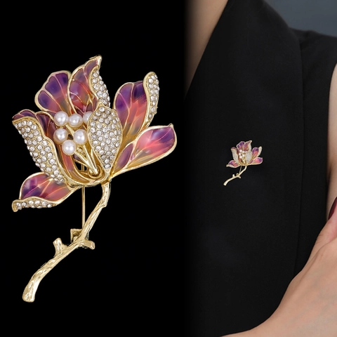 Broche de Flor de Peonía de Estilo Chino Vintage Con Diamantes de Imitación Perla Artificial Esmalte Degradado Aleación Corsage Para Mujer