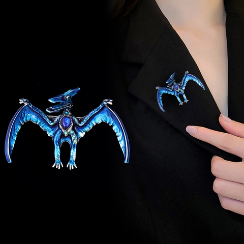 Vintage Pterosaur Brooch Pin Enamel Drip Oil Rhinestone Inlaid Zinc Alloy Dragon Badge For Suit Coat Unisex Jewelry Gift
