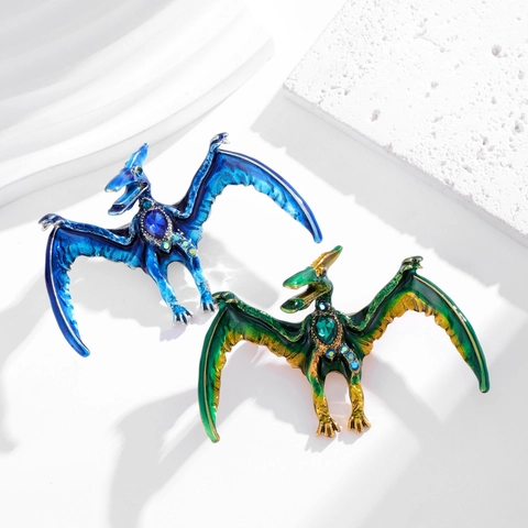 Vintage Pterosaur Brooch Pin Enamel Drip Oil Rhinestone Inlaid Zinc Alloy Dragon Badge For Suit Coat Unisex Jewelry Gift