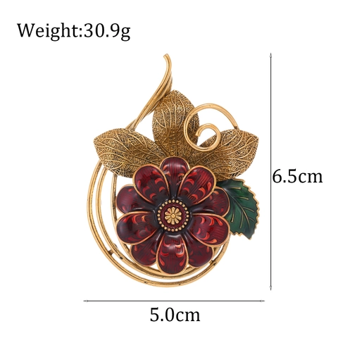 Spilla Floreale Vintage in Lega di Zinco Fiore in Smalto Rosso Con Foglia Cava in Oro Antico per Giacca da Completo Festa Donna Gioielli
