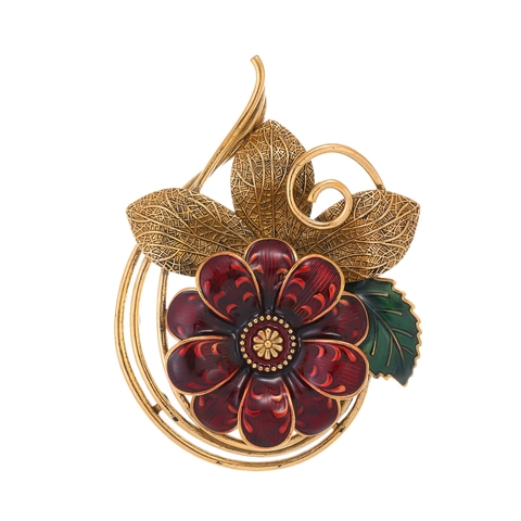 Spilla Floreale Vintage in Lega di Zinco Fiore in Smalto Rosso Con Foglia Cava in Oro Antico per Giacca da Completo Festa Donna Gioielli