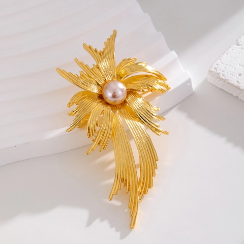Vintage Gold Alloy Artificial Pearl Fireworks Brooch Elegant Brushed Wheat Ear Corsage For Women Banquet Wedding Party Jewelry Gift
